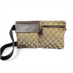 Gucci Tan GG Monogram Canvas & Brown Leather Bum Bag Waist Bag Fanny Pack